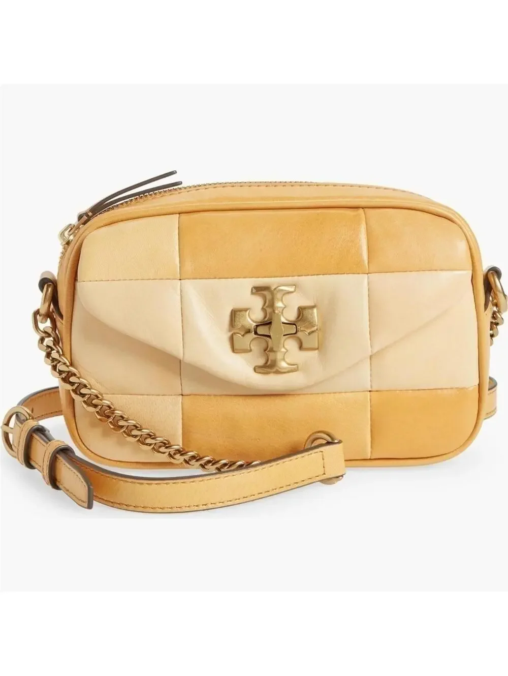 Tory Burch Kira Mini Leather Patchwork Camera Bag NWT Golden Straw Mix